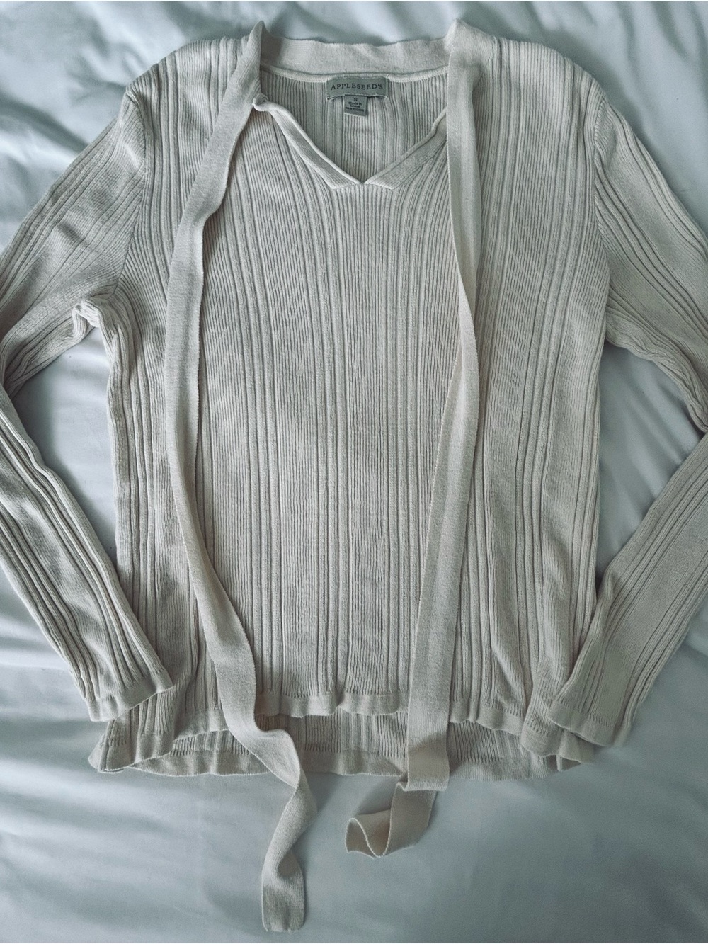 Appleseed's Cream Ribbed V-Neck Tie Detail Sweater